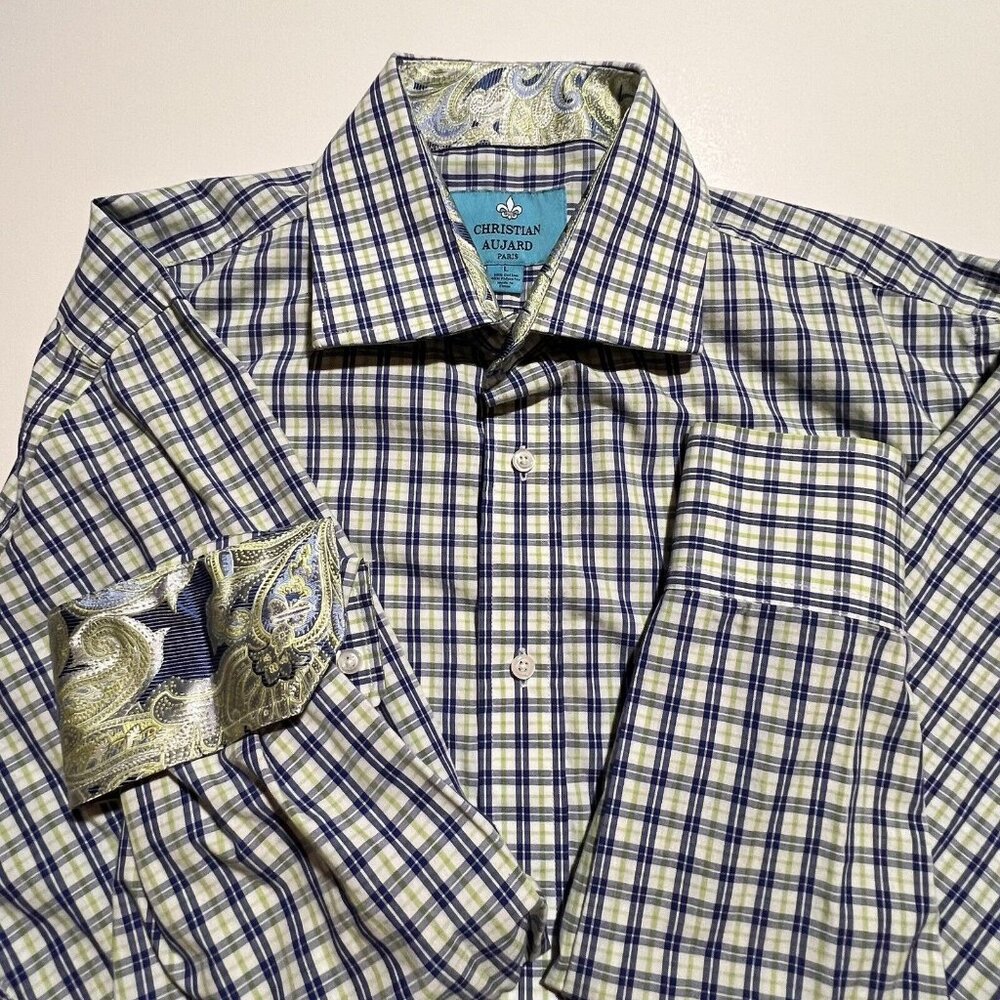 Christian Aujard Paris Mens Blue Yellow Long Sleeve Button Up Size L‎ Flip Cuff